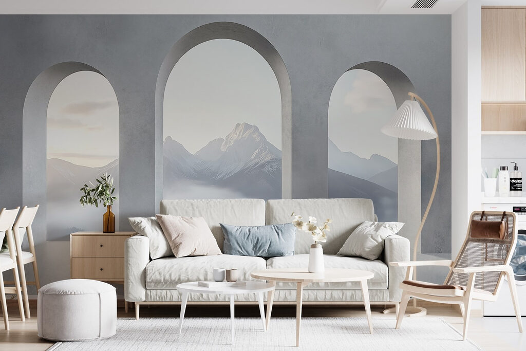 Mountain view through arches — interior 1