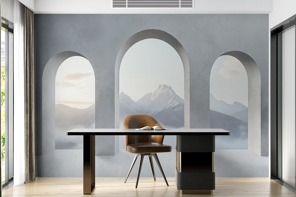 Mountain view through arches — interior 4
