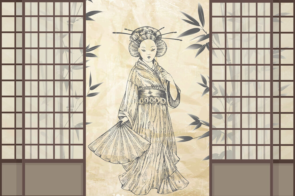 Woman between Japanese screens — full design