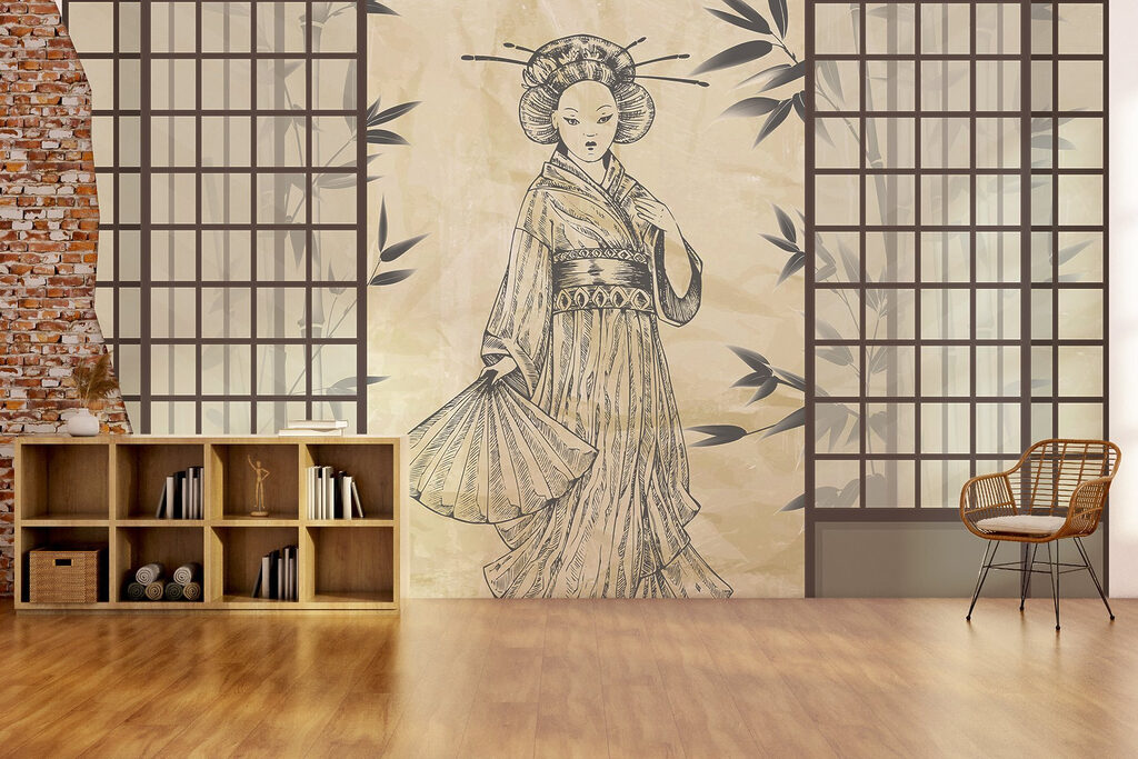 Woman between Japanese screens — interior 1
