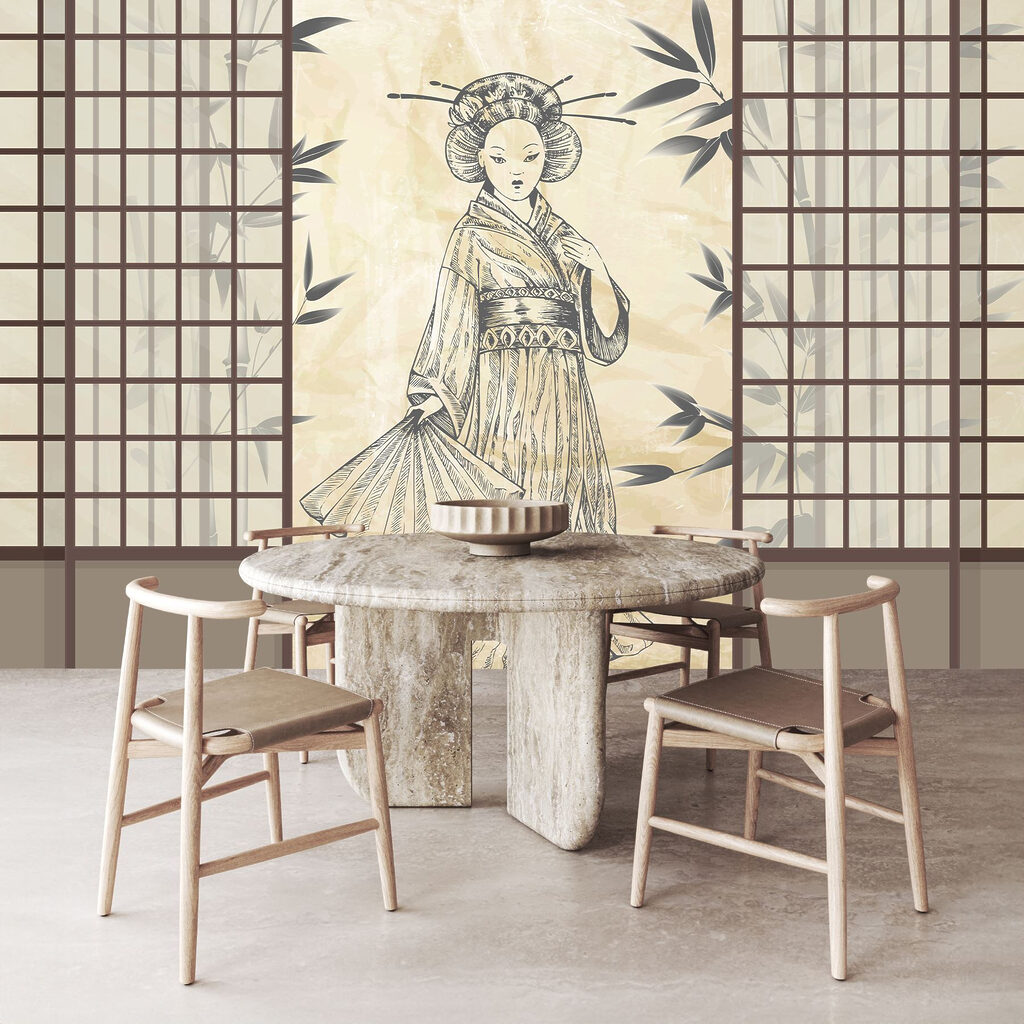 Woman between Japanese screens — interior 2