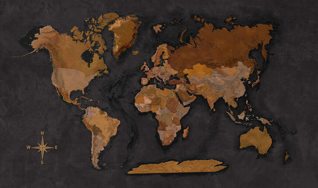 Warm metallic world map — full design
