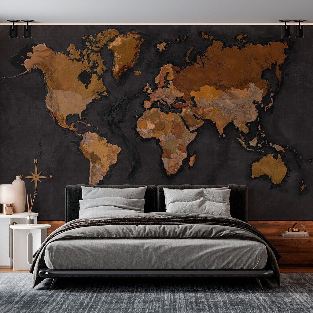 Warm metallic world map — interior 1