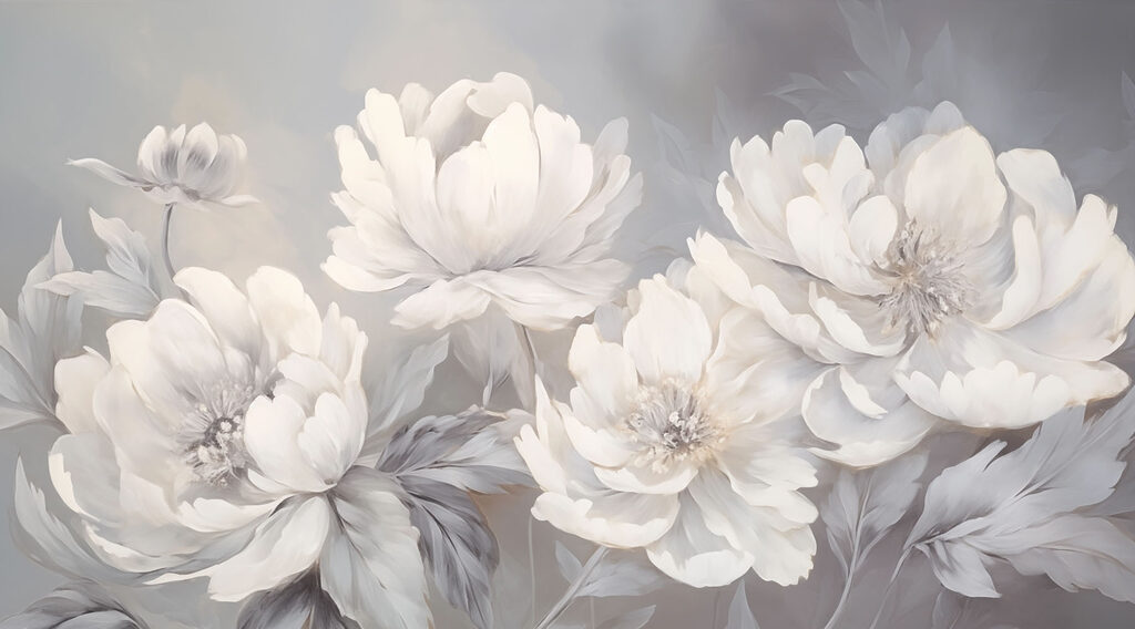 White peonies on grey — full design