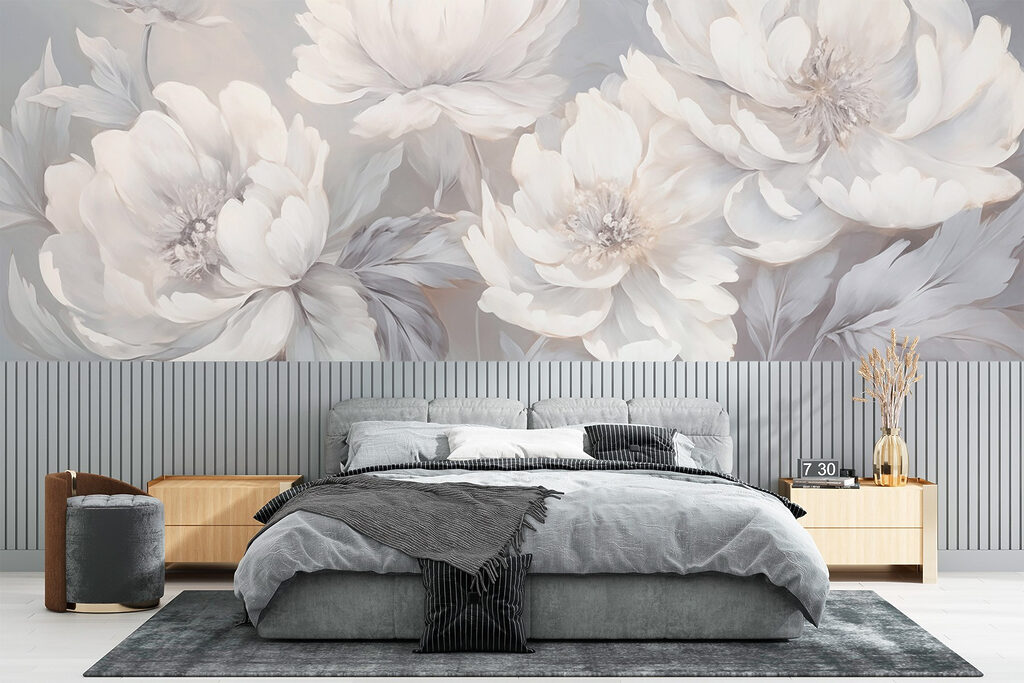 White peonies on grey — interior 2