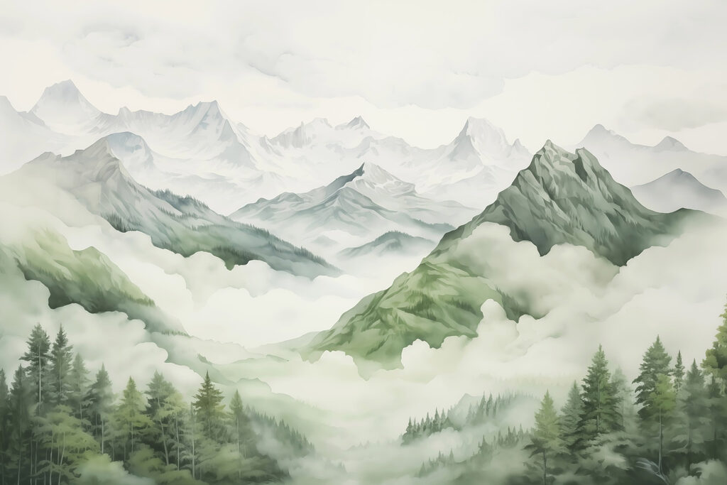 Green slopes in mist — full design