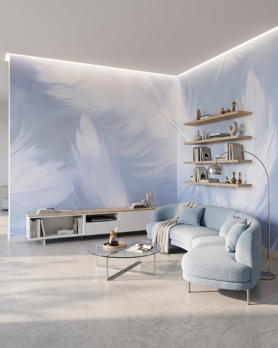 Feathers floating softly — interior 1