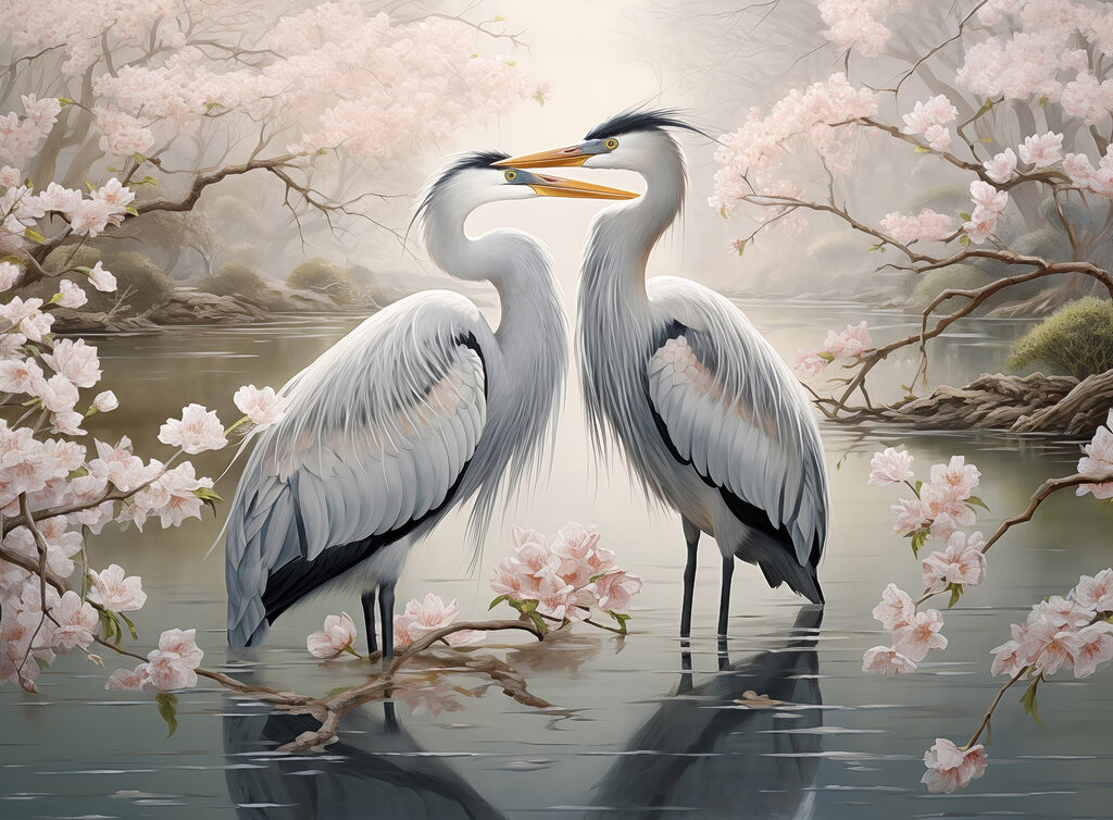 Herons among blossom — full design