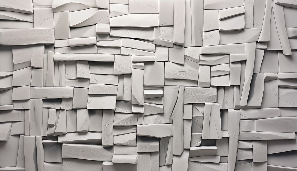 Layered white shapes — full design