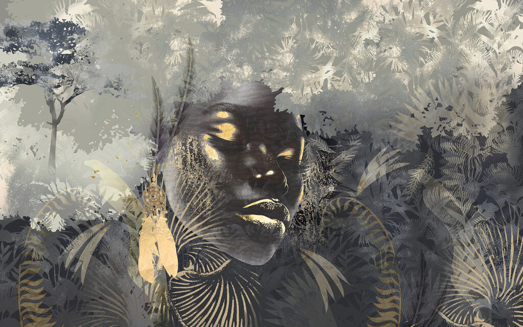 Face among jungle leaves — full design