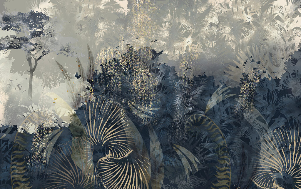Tropical leaves in mist — full design