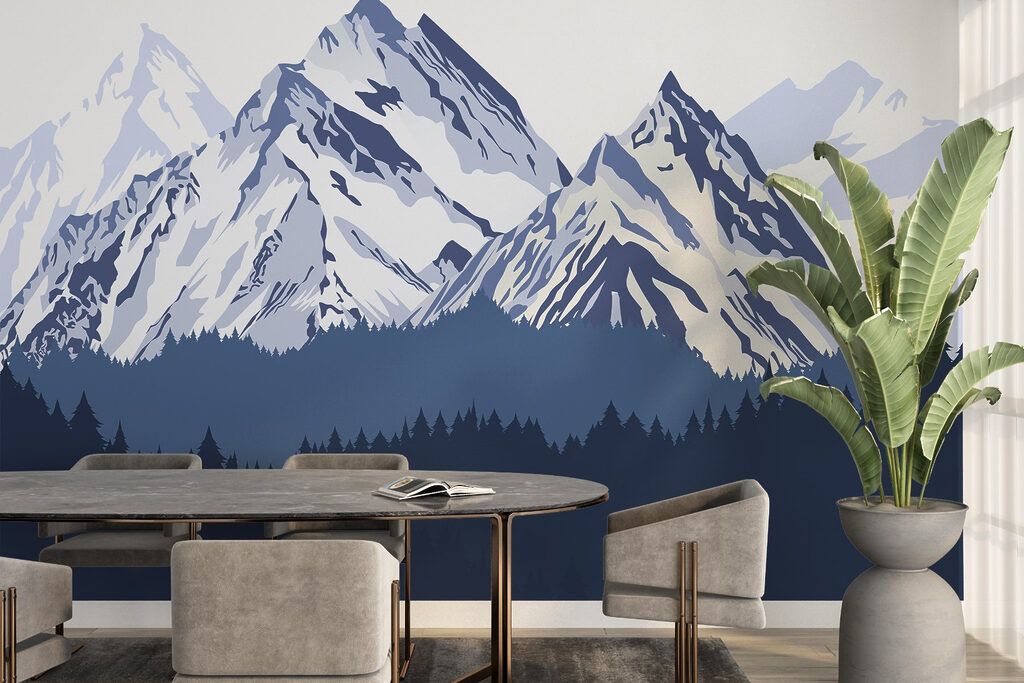 Snowy peaks over pines — interior 1