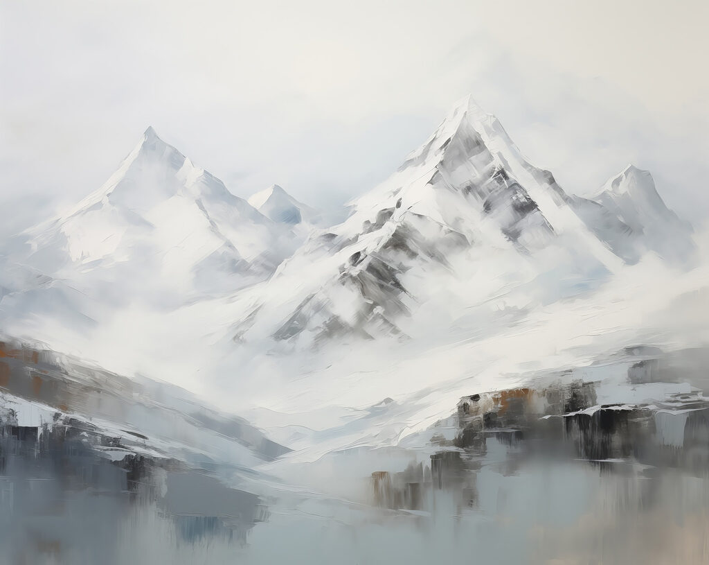 Snowy peaks in watercolour — full design