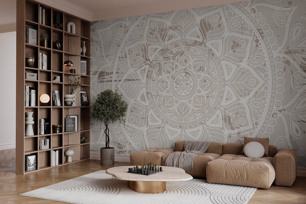 White mandala on beige — interior 1
