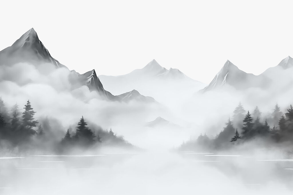Jagged peaks through fog — full design