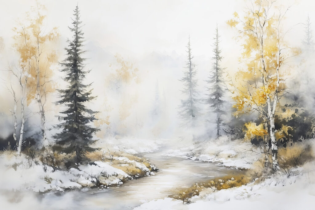 Winter stream between trees — full design