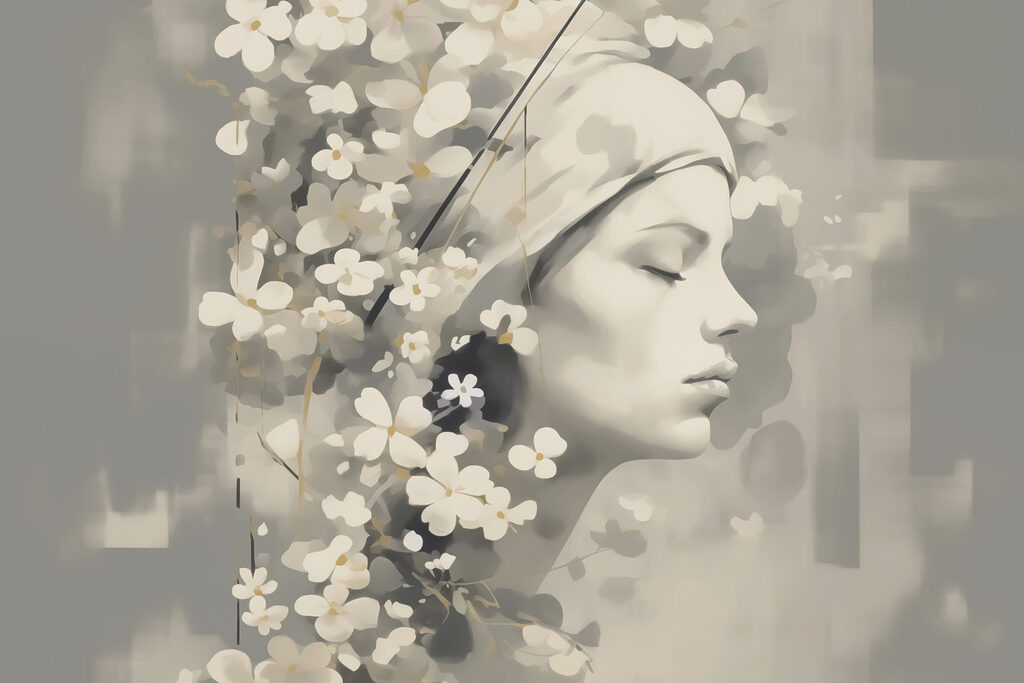 Woman’s profile in blossom — full design