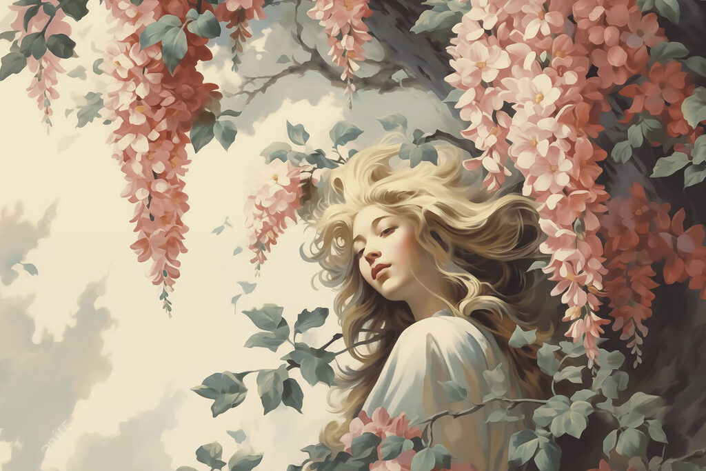 Woman under hanging flowers — full design