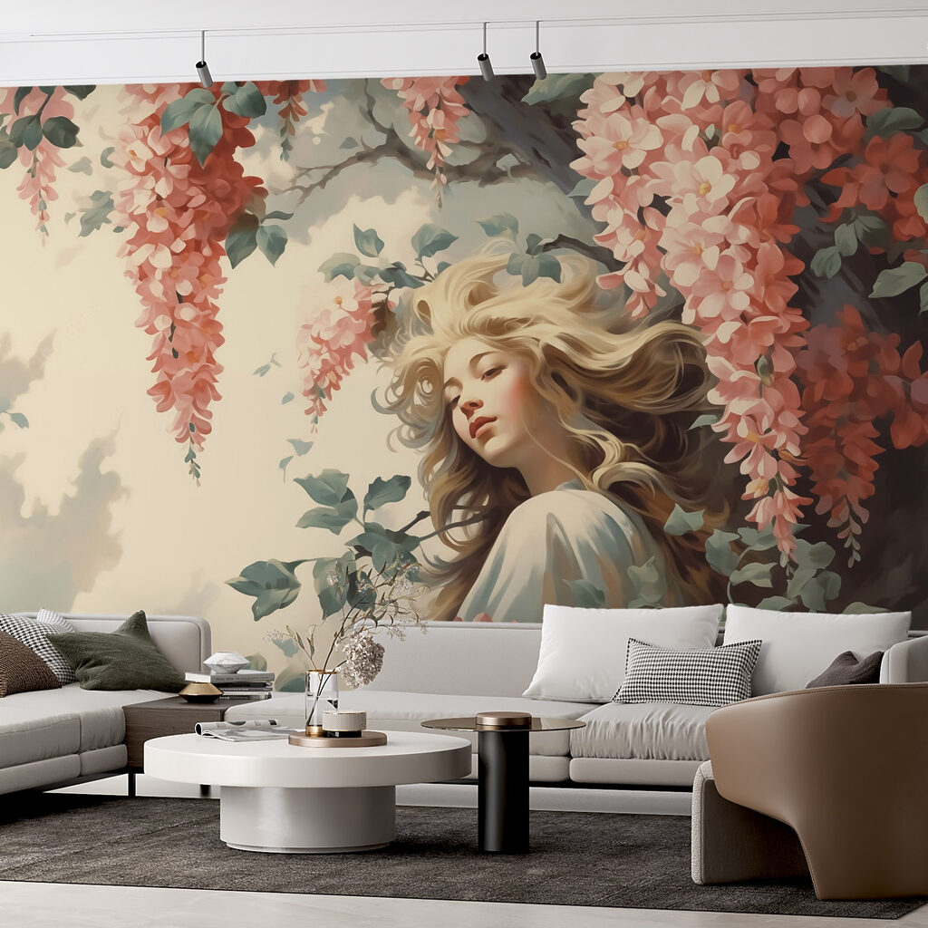 Woman under hanging flowers — interior 2
