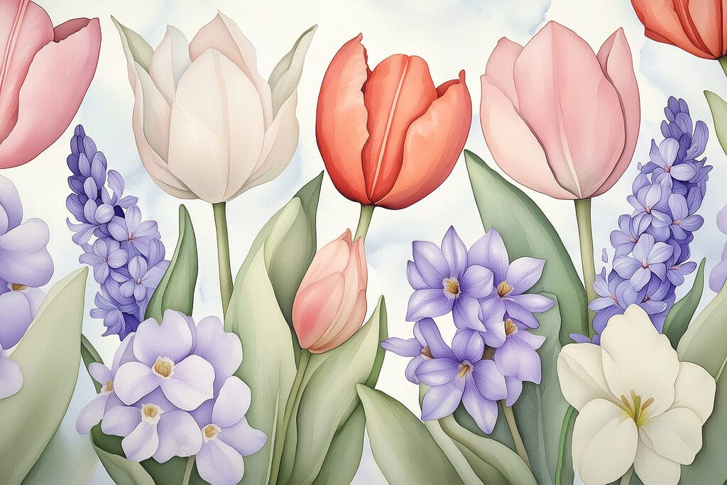 Tulips among purple flowers — full design