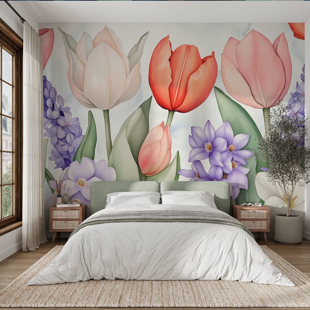 Tulips among purple flowers — interior 2