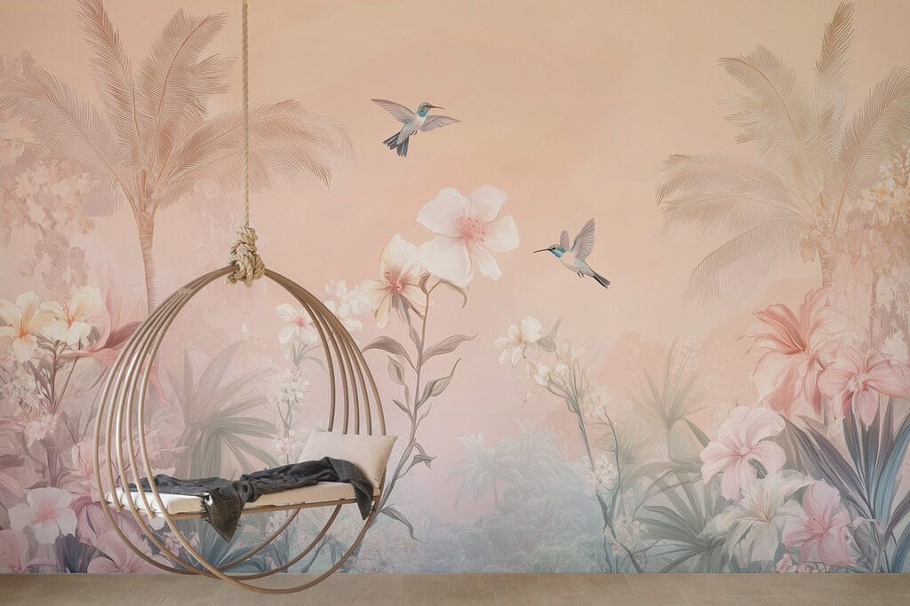 Birds above pink palms — interior 1