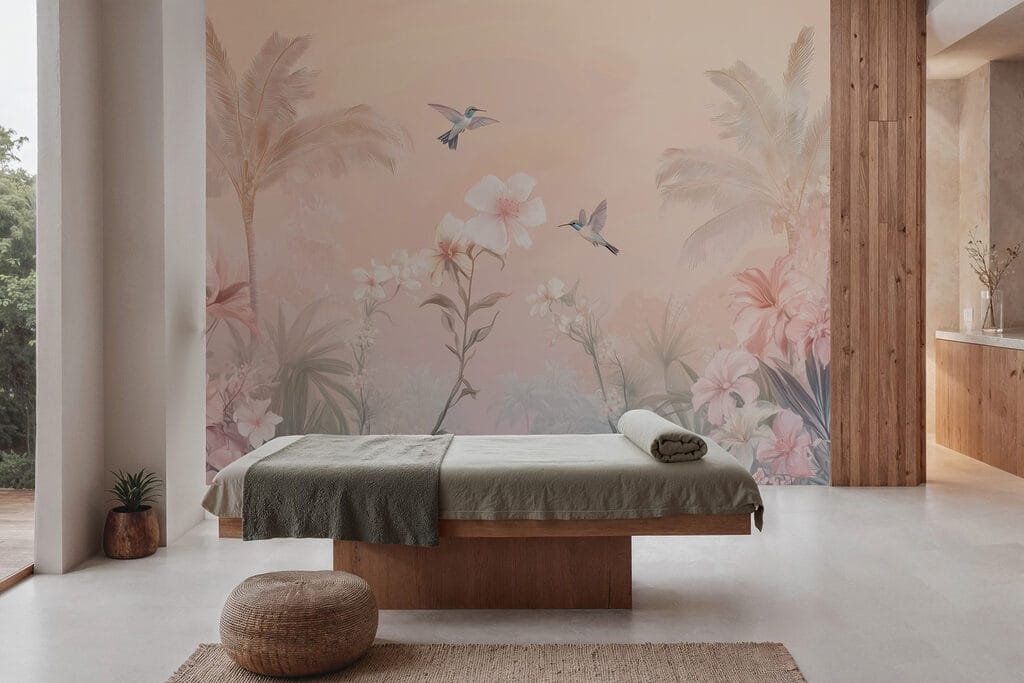 Birds above pink palms — interior 3