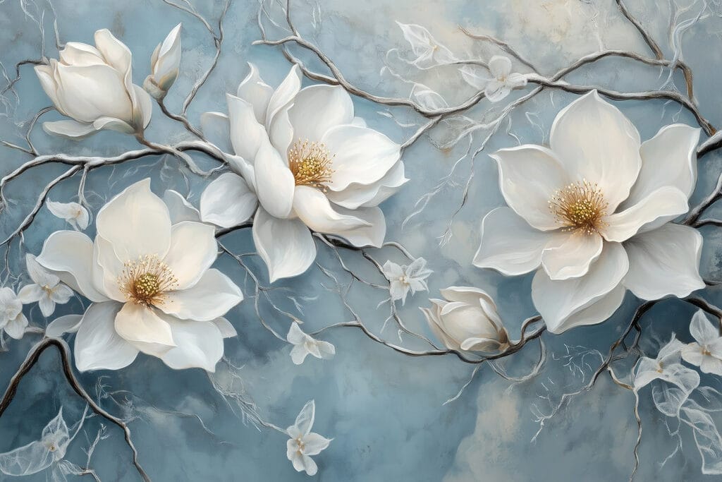 Magnolia on weathered blue — full design