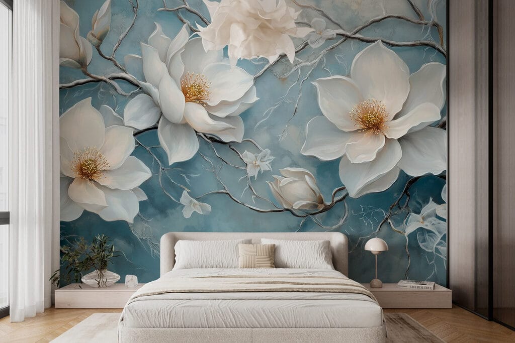 Magnolia on weathered blue — interior 2