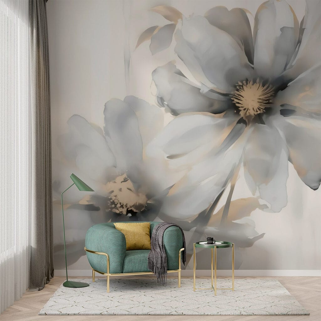 White flowers on brushstrokes — interior 2