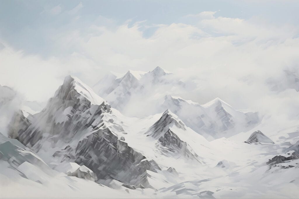 Snowy peaks among clouds — full design