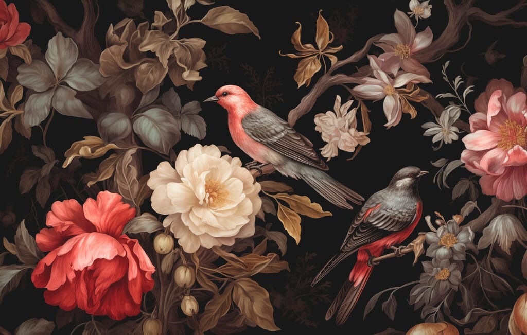 Birds among dark blooms — full design