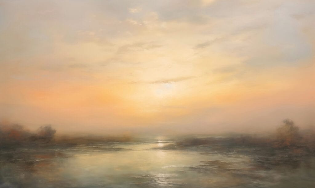 Evening light on water — full design