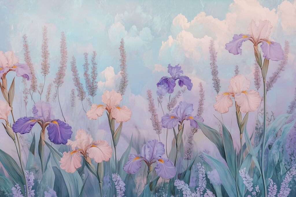 Irises under soft skies — full design