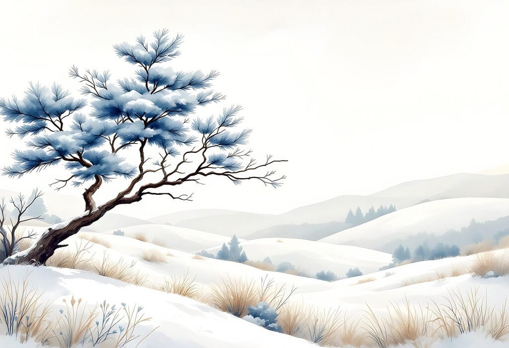 Blue pine, snowy hills — full design