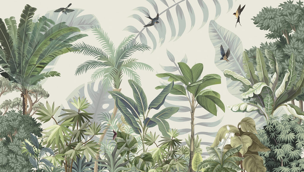 Tropical forest with birds — full design