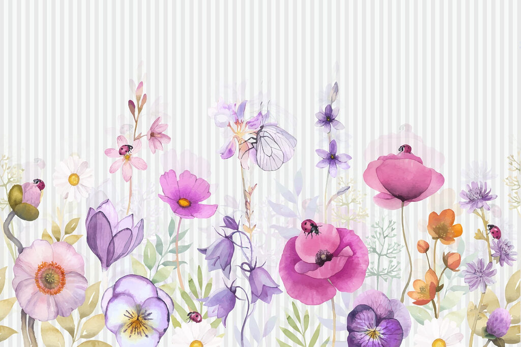 Purple flowers on stripes — full design