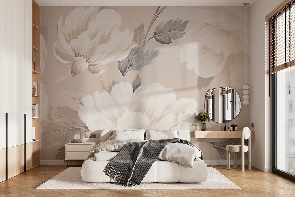White peonies on sand — interior 1