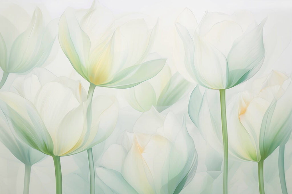 Pale tulips in mist — full design