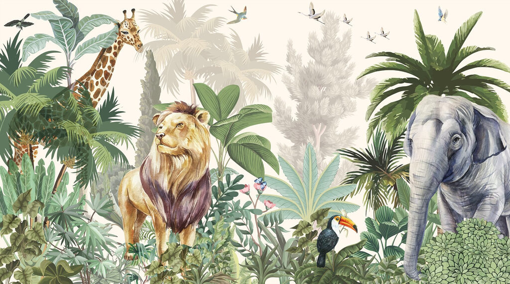 Lion among misty trees — full design