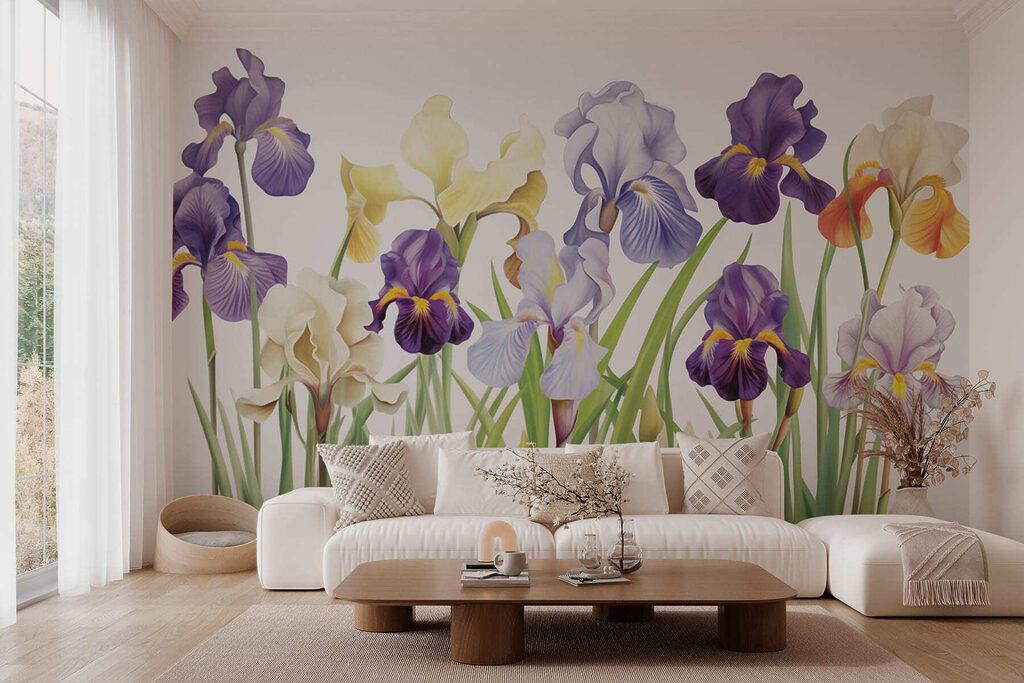 Purple irises beside yellow — interior 1