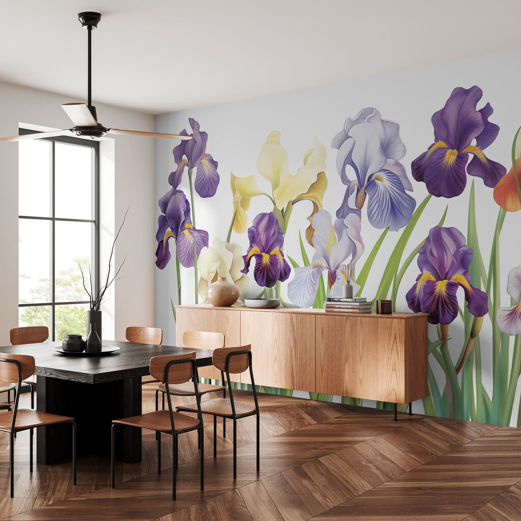 Purple irises beside yellow — interior 3