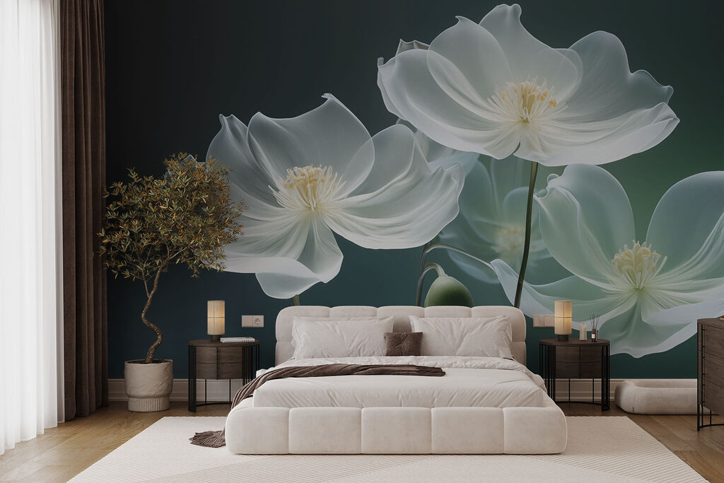White flowers on green — interior 1