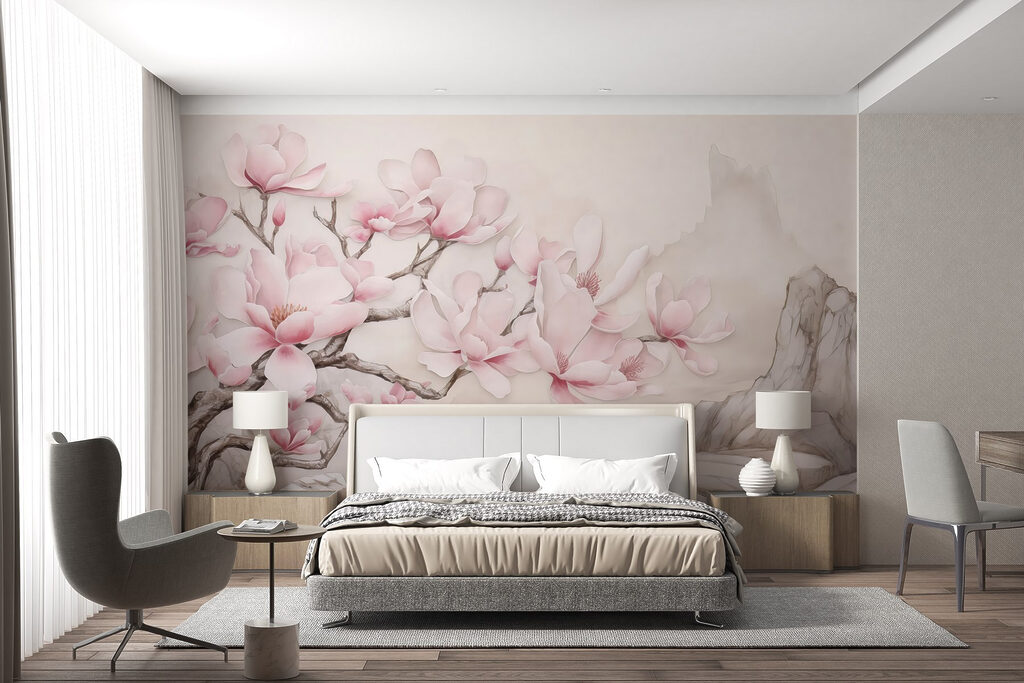 Pink magnolia above mountains — interior 2