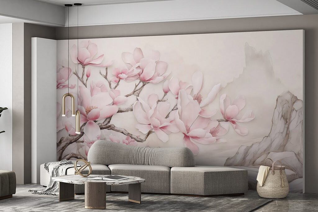 Pink magnolia above mountains — interior 3