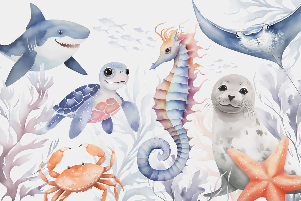 Sea creatures among corals — full design