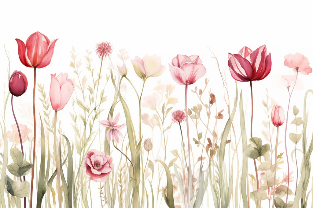 Pink tulips among wildflowers — full design
