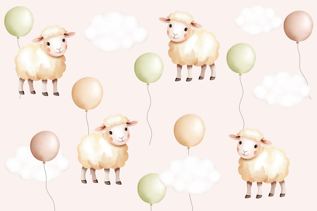 Sheep among soft balloons — full design