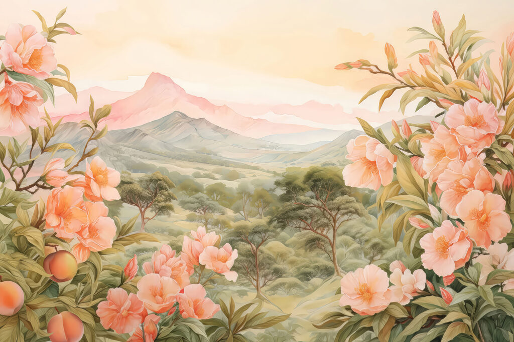 Pink flowers, mountain view — full design
