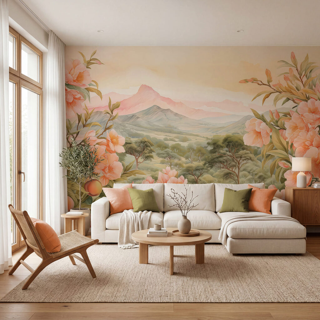 Pink flowers, mountain view — interior 2